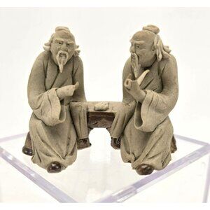 Vintage Chinese Mudman Figurine Pair Sitting on Bench Smoking Pipe je155